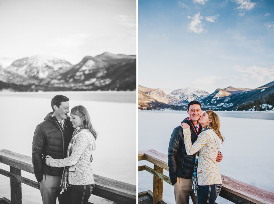 couple has engagement photos at Grand Lake in Colorado in February