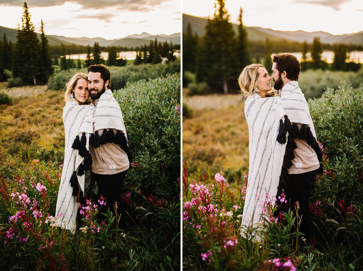 couple poses among wildflowers near Echo Lake
